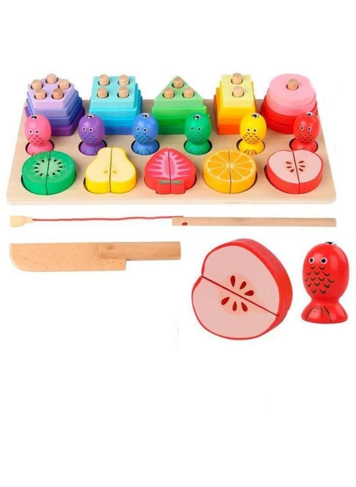Premium Wooden Fruit Cutting & Fishing Game Board Toy with Magnetic Rod, Shape Sorting Pieces & Pretend Play Accessories – Montessori Learning Toy - Image 5
